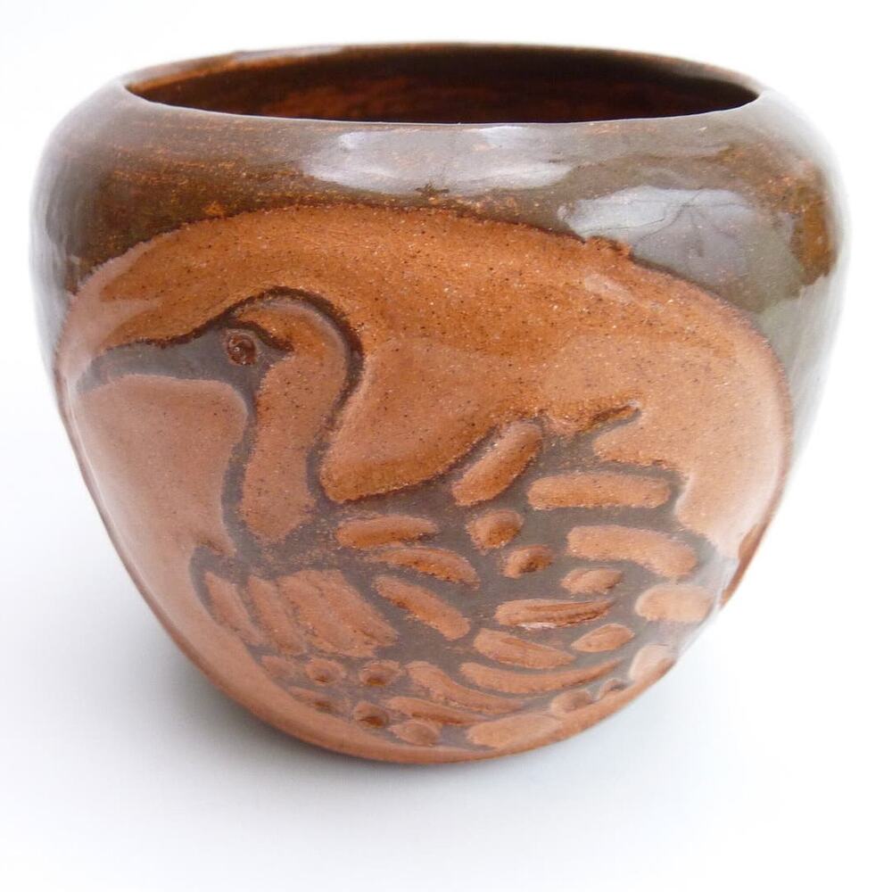 Vintage Boho Ikebana Planter Pot Handmade Glazed Clay Carved Bird Brown Orange